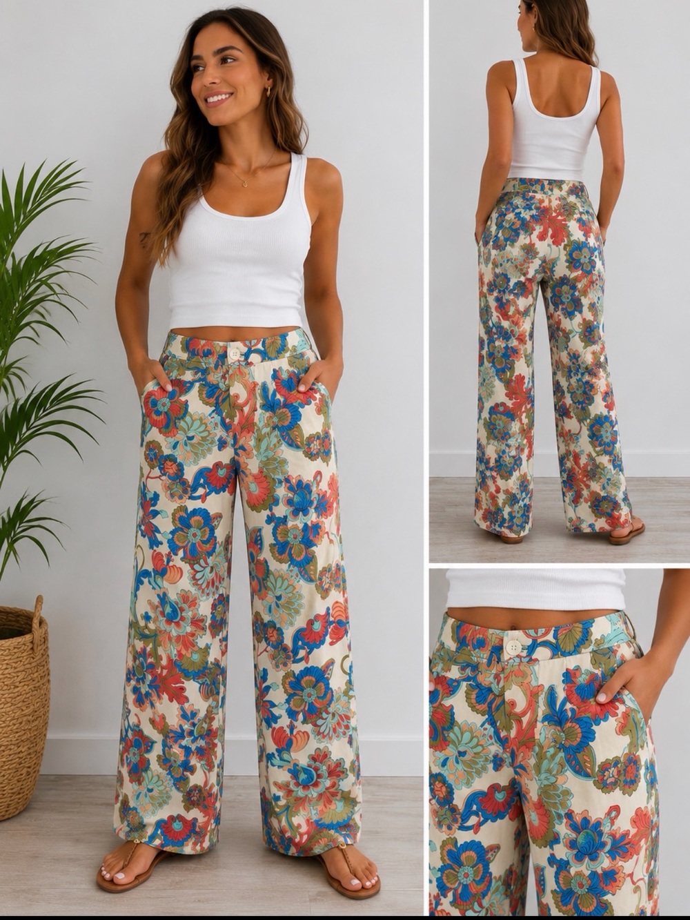 NWT Zara Floral Wide-Leg Pants in Cream and Blue